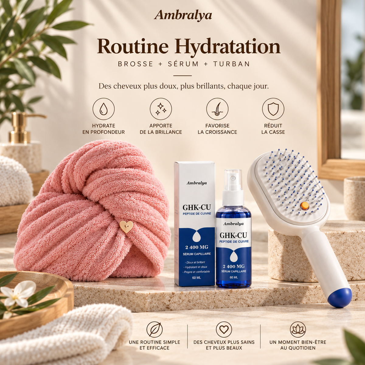 Coffret soin cheveux brosse à brume, sérum et serviette turban Ambralya