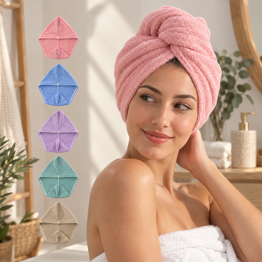 Serviette turban microfibre anti-frisottis Ambralya sur cheveux longs
