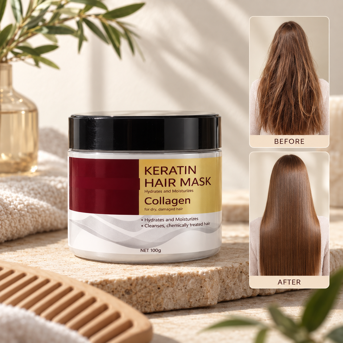 Masque cheveux kératine et collagène Ambralya pour cheveux secs