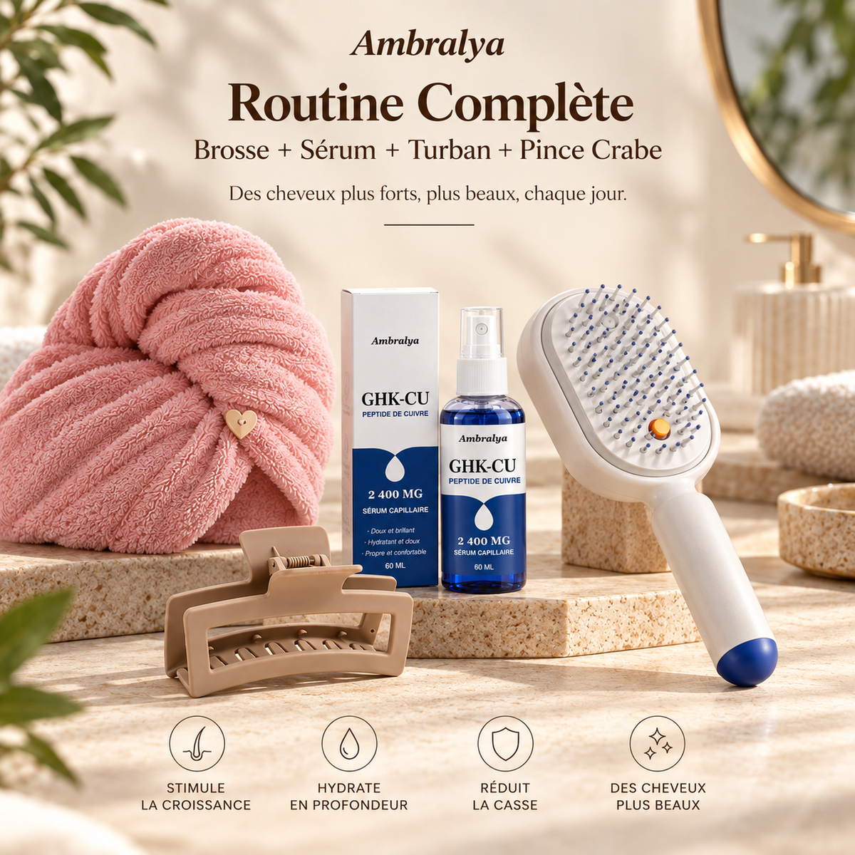 Coffret routine cheveux complète Ambralya : brosse, sérum, turban, pince